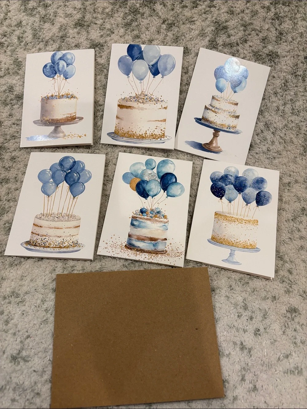 Blue Balloons Celebration Cakes Greeting Cards Set 6 NWT blank inside, variety